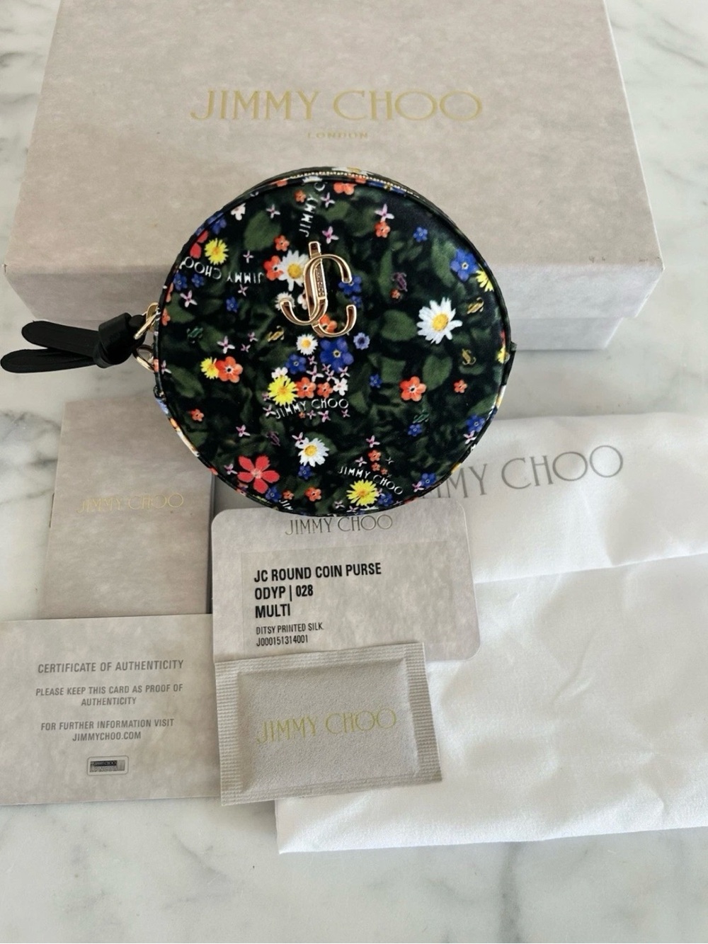 Brand New in Box Jimmy Choo Multi Floral Ditsy Print Silk Round Coin Purse
